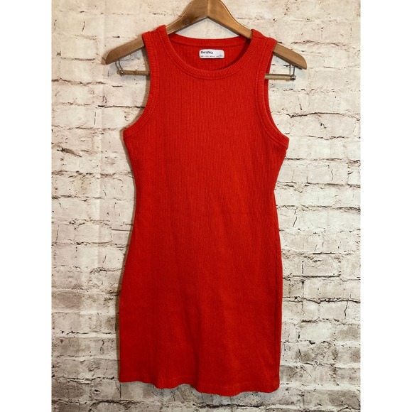 Bershka Tank Dress Womens Large Red-Orange Ribbed Bodycon Stretch Sleeveless - Picture 1 of 11